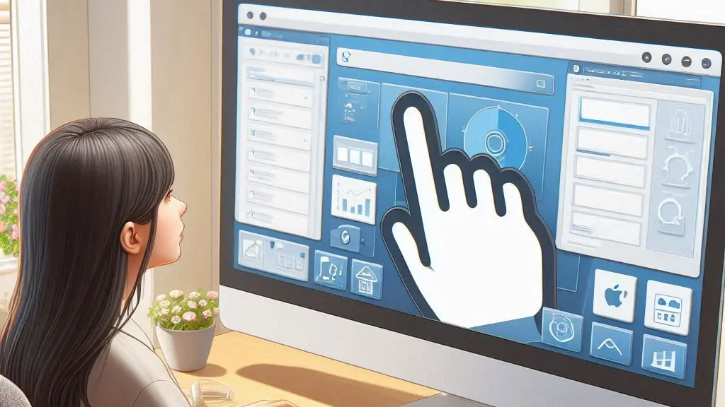 dívka sedící před počítačovou obrazovkou, která zobrazuje zvětšenou grafiku rozhraní a zvětšeného ukazujícího nebo klikajícího prstu na rozhraní s různými ikonami a panely. Ikony naznačují funkce jako zasílání zpráv, analýzy a nastavení.