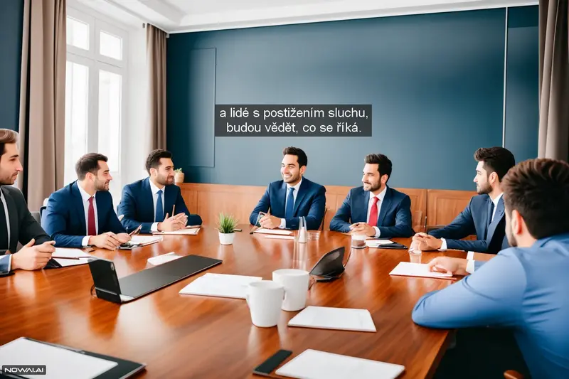 hologramový text nad hlavou toho, kdo má právě slovo, na pracovní poradě