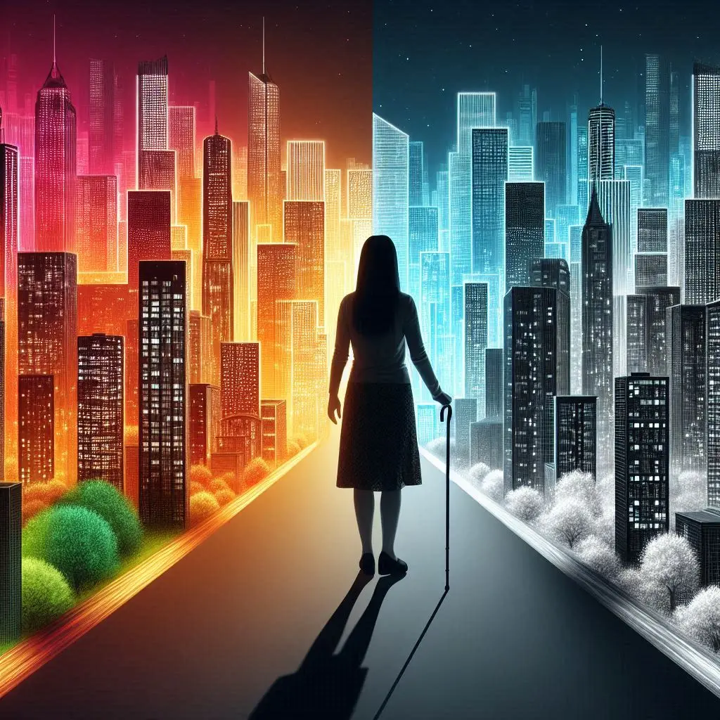 Na obrázku je digitální umělecké dílo zobrazující ženskou postavu stojící na cestě, která rozděluje dva kontrastní městské panoramata. Na levé straně je městský pohled zobrazen v teplých barvách, což naznačuje západ nebo východ slunce, s viditelnými světly a tradičnějším vzhledem. Na pravé straně je městský pohled zobrazen v chladných barvách s futuristickými budovami vyzařujícími neonové světlo, což naznačuje pokročilou technologii nebo sci-fi prostředí. Ženská postava je vidět zezadu a drží hůl. Kontrast mezi oběma stranami obrázku by mohl reprezentovat různé časy, světy nebo stavy bytí.