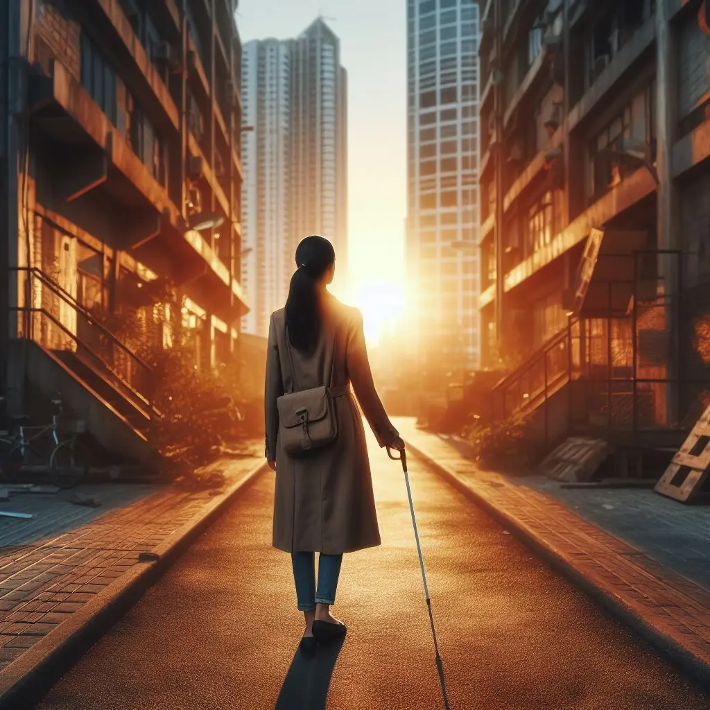 Na obrázku je osoba chodící po ulici, která drží v ruce hůl. Scéna je osvětlena teplým světlem, což naznačuje, že je buď svítání nebo západ slunce. Ulice je lemována budovami a na obloze nejsou vidět žádné mraky. 