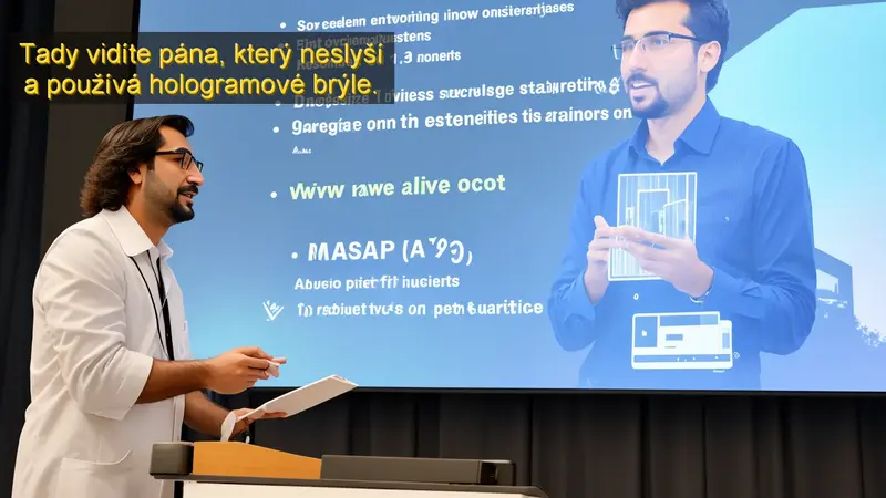 hologramový text nad hlavou přednášejícího