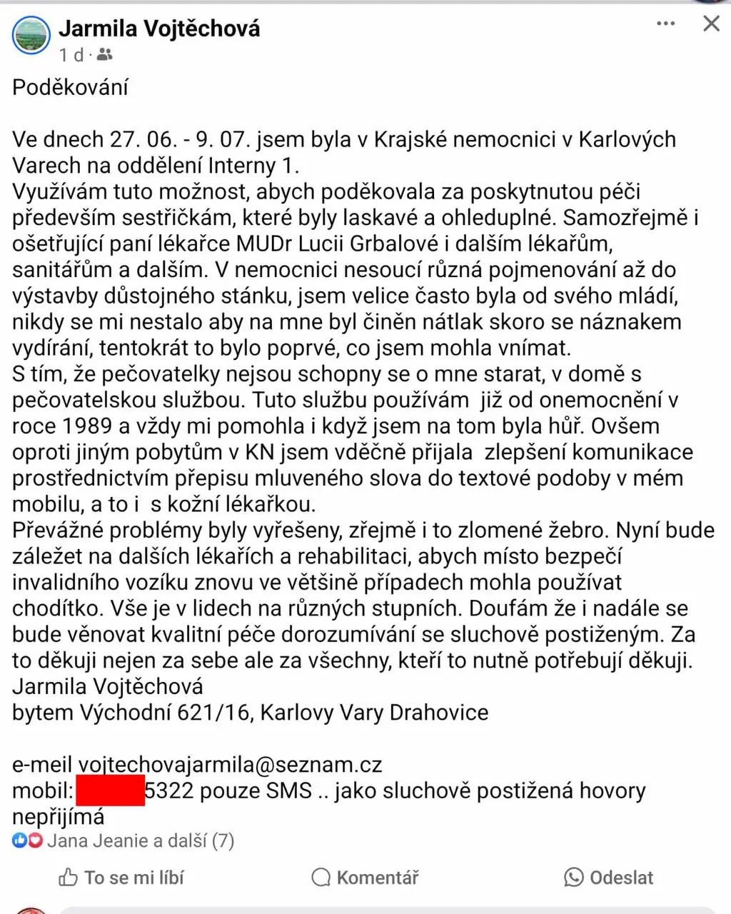 Poděkování pacientky